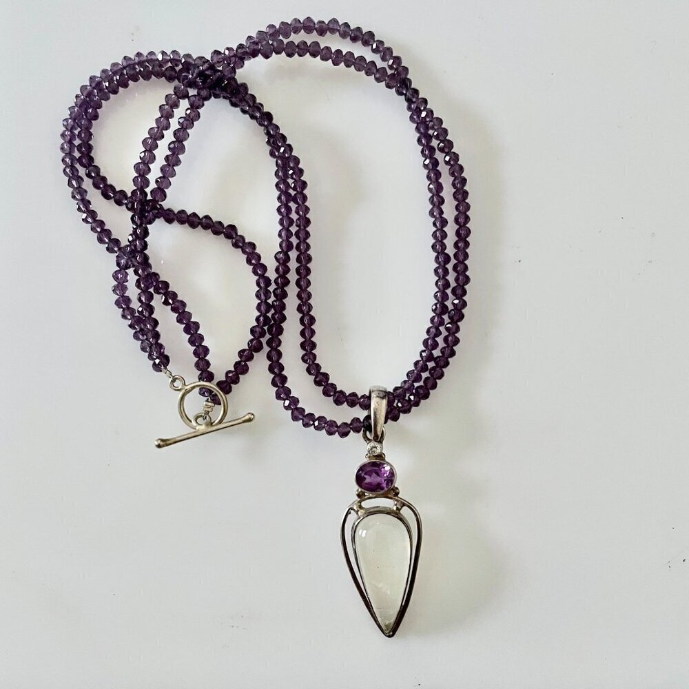 Artisan Amethyst Quartz Sterling Silver Pendant Amethyst Bead Necklace 11" Drop